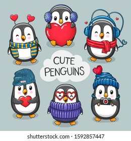 Cute cartoon character penguins set of Valentine's Day and Love. Vector hand drawn illustration for postcard, banner, greeting card, poster and etc.