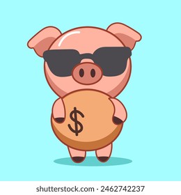 Lindo cerdo personaje de dibujos animados es loco dinero Vector Ilustración para Elementos, Clipart y pegatina