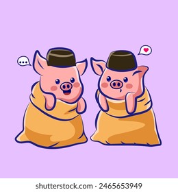 cute cartoon character pig is playing  sack race for elements, clipart and sticker