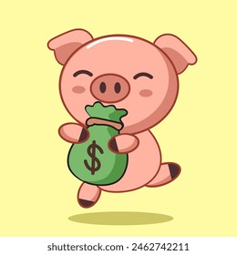 cute cartoon character pig is run with her money vector IIlustration for elements, clipart and sticker