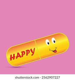 Cute cartoon character pill with eyes and mouth and the word happy written on it