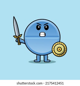 Cute cartoon character Pill medicine holding sword   shield in modern style design