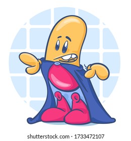 Cute cartoon character pill. Super hero. Vector illustration isolated on white background