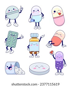 Cute Cartoon Charakter Pillen. Gesundheit und Medizin. Helle Tabletten mit hellem Gesicht. Handgezeichnet. Vektorgrafik. Sammlung von Design-Elementen.