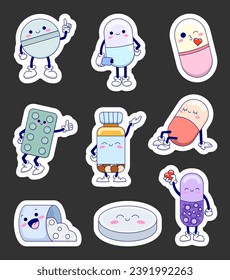 Cute cartoon character pills. Sticker Bookmark. Healthcare and medicine. Funny tablets with smiley face. Hand drawn style. Vector drawing. Collection of design elements.