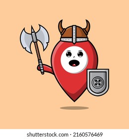Cute cartoon character Pin location viking pirate with hat and holding ax and shield