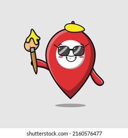 Cute cartoon character Pin location painter with hat and a brush to draw in cute design style design