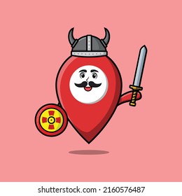Cute cartoon character Pin location viking pirate with hat and holding sword and shield