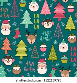 Personajes de dibujos animados, pinos y elementos de Navidad sin fisuras.