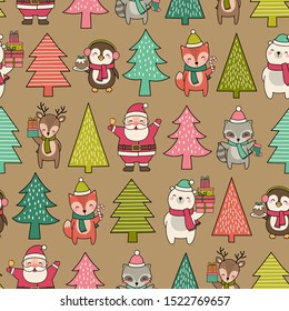 Cute cartoon character and pine trees seamless pattern for christmas and new year celebration.
