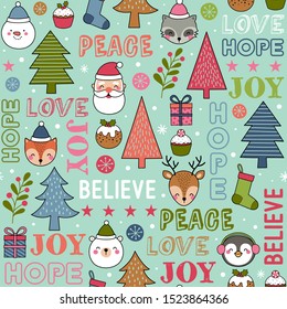 Cute cartoon character, pine trees and christmas elements seamless pattern background.