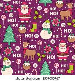 Cute cartoon character, pine trees and christmas elements seamless pattern background.