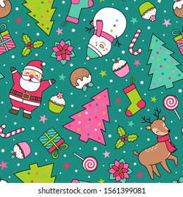 Cute cartoon character, pine trees and christmas elements seamless pattern background.