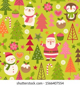 Cute cartoon character, pine trees and christmas elements seamless pattern background.