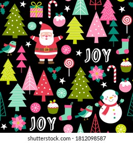 Cute cartoon character, pine trees and christmas elements seamless pattern on black background.