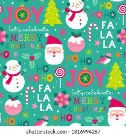 Cute cartoon character, pine trees and christmas elements seamless pattern.