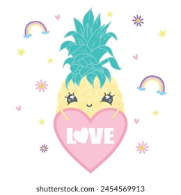 Cute cartoon character Pineapple with a heart and the inscription love you. For postcards, banner stickers and prints for Valentine's Day.