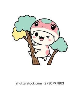 Personagem de desenho animado bonito com bochechas rosa e um chapéu listrado abraçando um galho de árvore com folhas verdes e amarelas