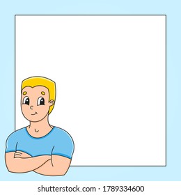 Cute cartoon character with place for text. Strong smiling young man. Hand drawn. Vector illustration isolated on color background. Comic doodle style.