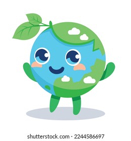 Cute cartoon character of planet earth with leaves. Take care of the Earth, ecological concept. Flat style. Vector illustration. 