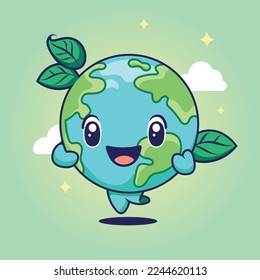 Cute cartoon character of planet earth with leaves. Environmental care and ecology concept. Flat style vector illustration. 