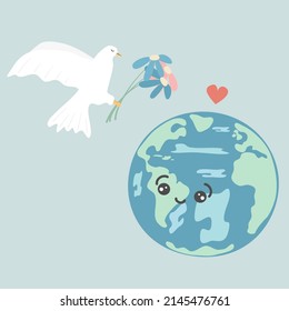Cute cartoon character planet erath and white dove with colorful daisy flowers vector peace illustration	