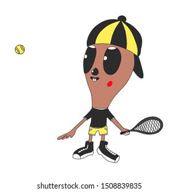 Cute cartoon character playing tennis. Eating healthy and fitness. Vector illustration isolated on background. color illustration is made in the style of hand drawn. Suitable for prints and logo