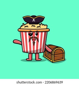 Cute cartoon character Popcorn pirate with treasure box illustration in modern style design