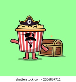 Cute cartoon character Popcorn pirate with treasure box illustration in modern style design