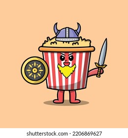 Cute cartoon character Popcorn viking pirate with hat and holding sword and shield