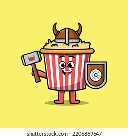 Cute cartoon character Popcorn viking pirate with hat and holding hammer and shield