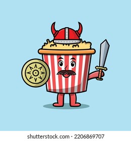 Cute cartoon character Popcorn viking pirate with hat and holding sword and shield