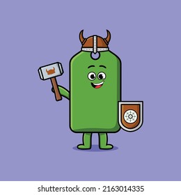 Cute cartoon character Price tag viking pirate with hat and holding hammer and shield in cute style