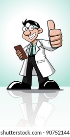Cute cartoon character of profession (doctor) holding a note and showing a thumb up