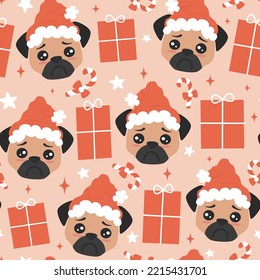 cute cartoon character pug puppy with santa claus hat christmas seamless vector pattern background illustration