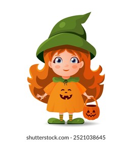 Cute cartoon character in a pumpkin costume holds a pumpkin-shaped bag for Halloween.