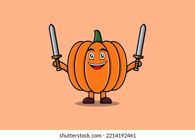 Cute cartoon character Pumpkin holding sword and shield in modern style design