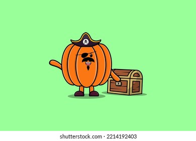 Cute cartoon character Pumpkin pirate with treasure box illustration in modern style design