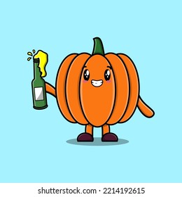 Cute cartoon character Pumpkin with soda bottle in modern cute style design flat illustration