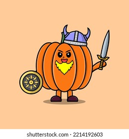 Cute cartoon character Pumpkin viking pirate with hat and holding sword and shield illustration
