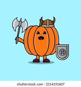 Cute Cartoon Character Pumpkin Viking Pirate With Hat And Holding Ax And Shield