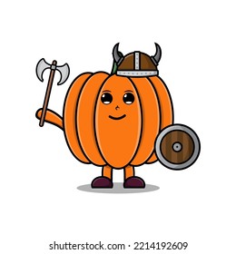 Cute Cartoon Character Pumpkin Viking Pirate With Hat And Holding Ax And Shield