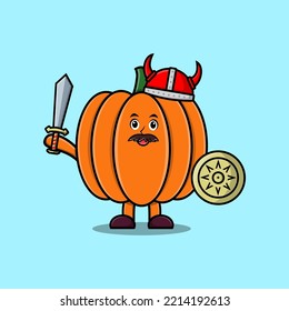 Cute cartoon character Pumpkin viking pirate with hat and holding sword and shield illustration