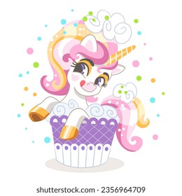 Personaje de dibujos animados morado alegre unicornio con ala. Ilustración vectorial aislada en un fondo blanco. Feliz unicornio mágico. Para impresión, diseño, afiche, pegatina, tarjeta, decoración, camiseta, ropa para niños