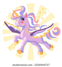 Cute cartoon character purple joyful unicorn with wings. Vector illustration isolated on a white background. Happy magic unicorn. For print, design, poster, sticker, card, t shirt, kids clothes