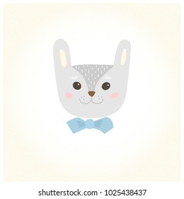Cute cartoon character of a rabbit in a bow tie. Cool picture is great for children's products: clothes, textiles, postcards, stationery products and other things. Vector illustration.
