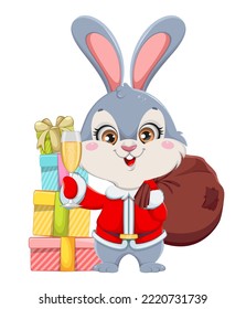 Cute cartoon character rabbit with gift boxes. Merry Christmas and Happy New year. 