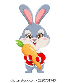Cute cartoon character rabbit holding big carrot. Merry Christmas and Happy New year