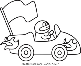 A cute cartoon character in a race car with flames and a checkered flag.  Perfect for children's books, coloring pages, or playful designs.