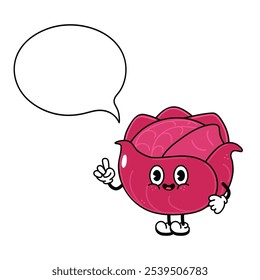 Cute cartoon character of a Red Cabbage with a speech bubble..Vector hand drawn traditional cartoon vintage,retro, kawaii character illustration icon. Isolated white background. Red Cabbage character
